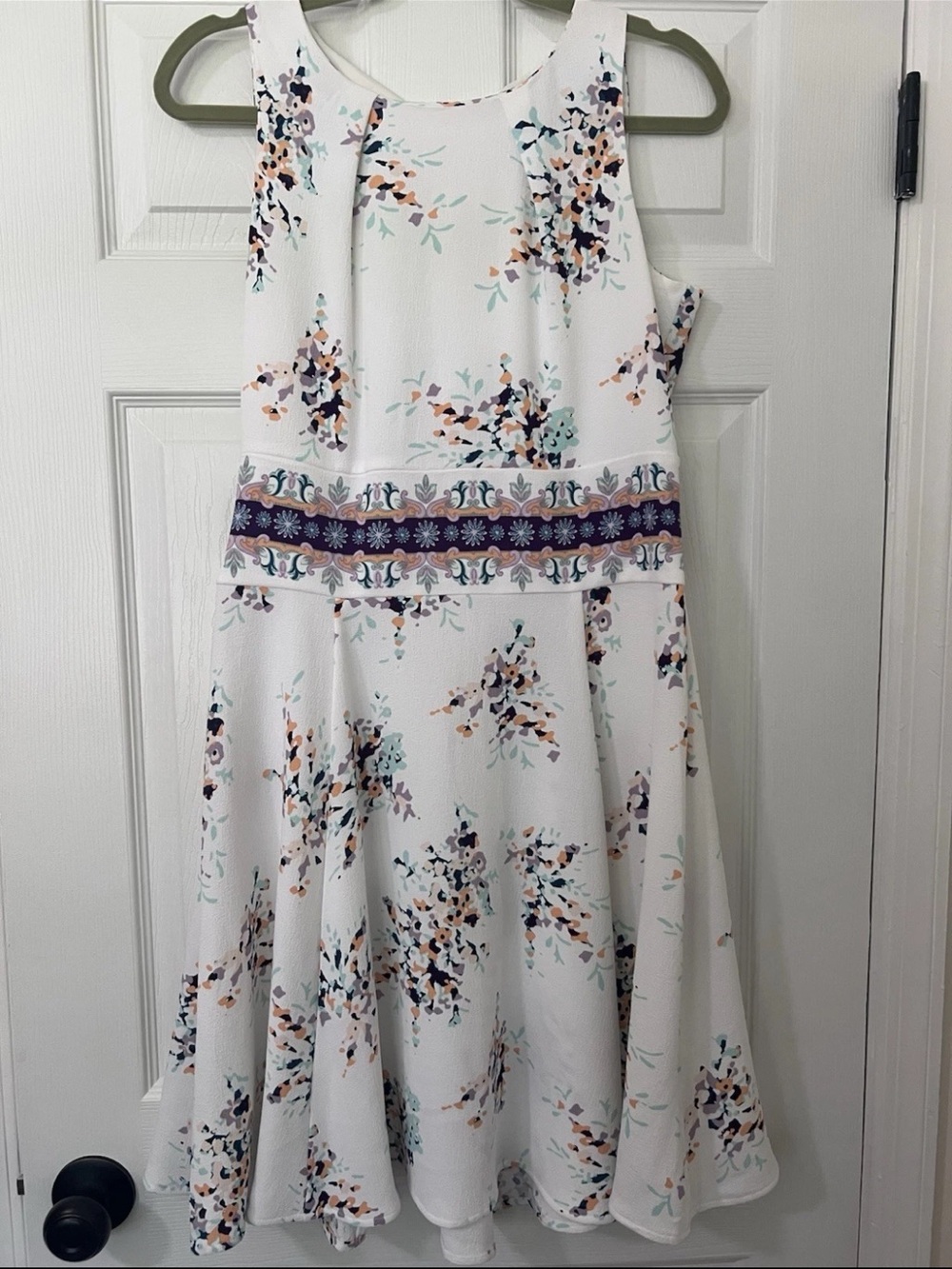 Eva Mendez NY&Co White Floral Fit-and-Flare Dress with Embroidered Waistband 8